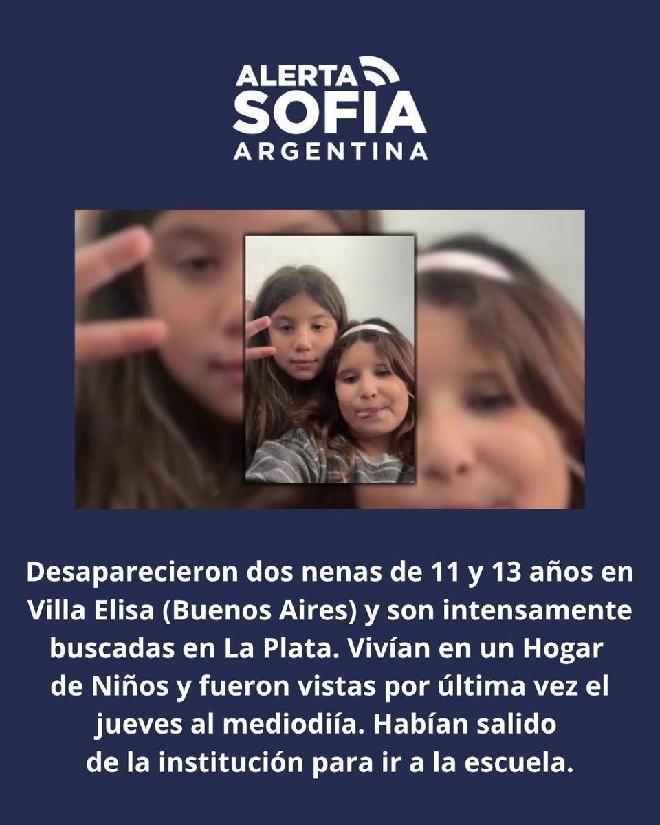 ClaudiFerreira_'s tweet photo. ¡COMPARTIR URGENTE! 
Buscan en La Plata a dos nenas de 11 y 13 años que se escaparon de un hogar de Villa Elisa. https://t.co/vMHFGt8xdV