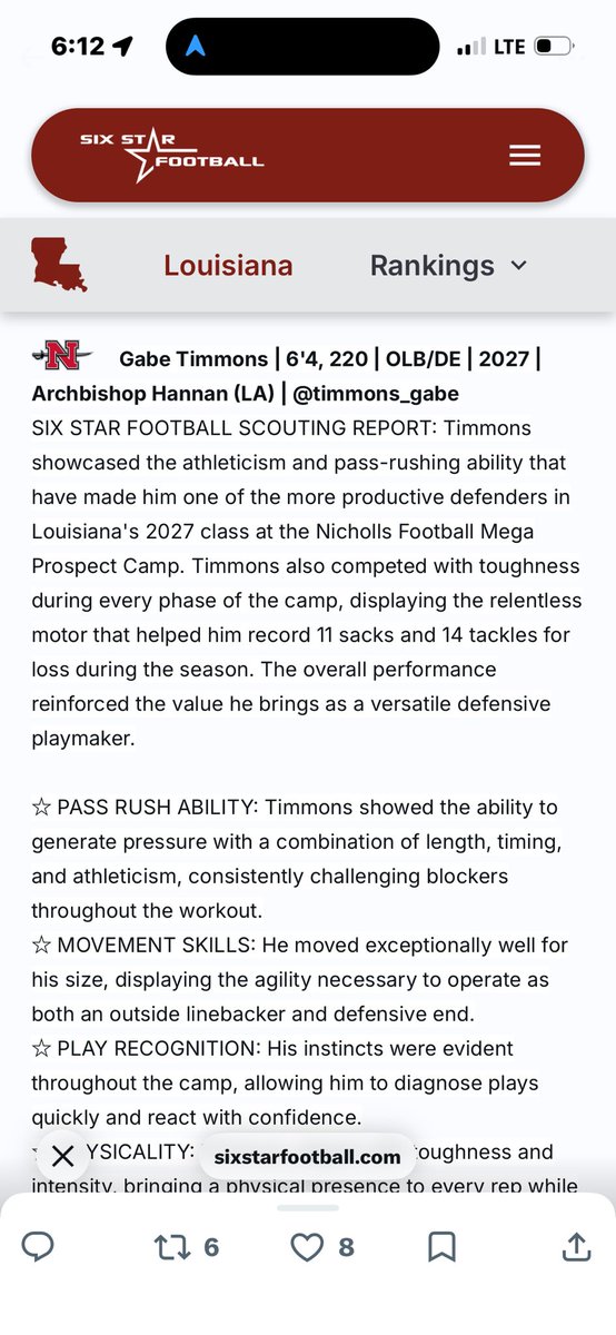 timmons_gabe's tweet photo. Thank you @sixstarfootball for the write-up!! Looking forward to continuing to develop and compete. Excited for the future!
@HannanHawkFB @SteveSoper8 @bigfav504 @CoachWatkCUSE @CoachSethPrice @NorthshorePrepR @GridironFootbal @CoachJSawyer @Coach_Womble @RecruitLouisian https://t.co/8tP6cnAfqV