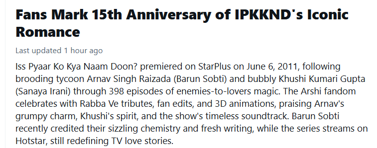 rubina_sanaya's tweet photo. So happy to see this in Today's News section! 
15 years of love for Arshi &amp; still going strong.

Organic love for the leads, the supporting cast and the beautiful love story, from India and even outside the country!

#15yearsofIPKKND #SanayaIrani #BarunSobti https://t.co/NiWYHkZjub