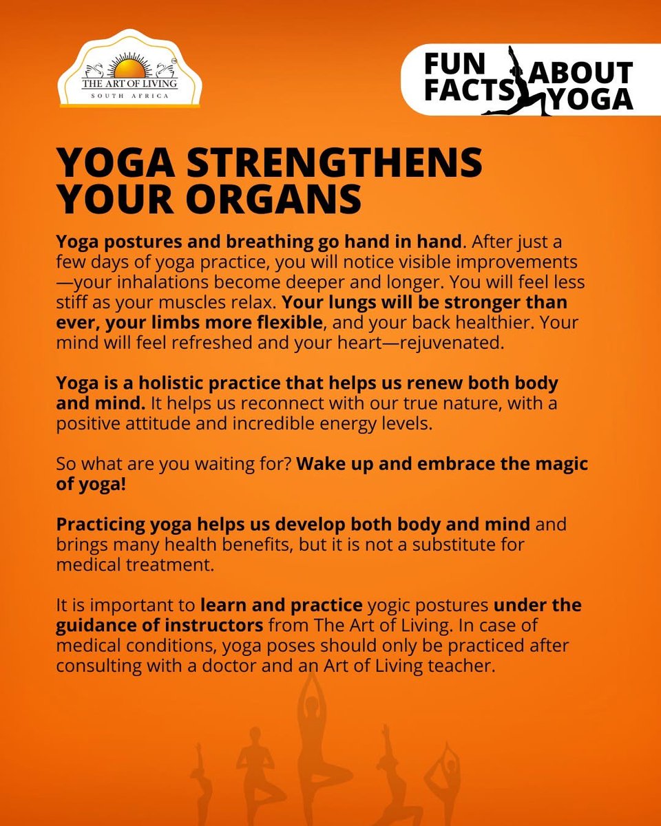 srisriyogaSA's tweet photo. It’s true!💪🌿 Yoga doesn’t just strengthen muscles, it supports and nourishes your internal organs, improving breathing, energy, and overall well-being from within 🧘‍♂️😃😌 #Yoga #FunFact #Friday #ArtofLiving #SouthAfrica https://t.co/bIN6xJAkRC