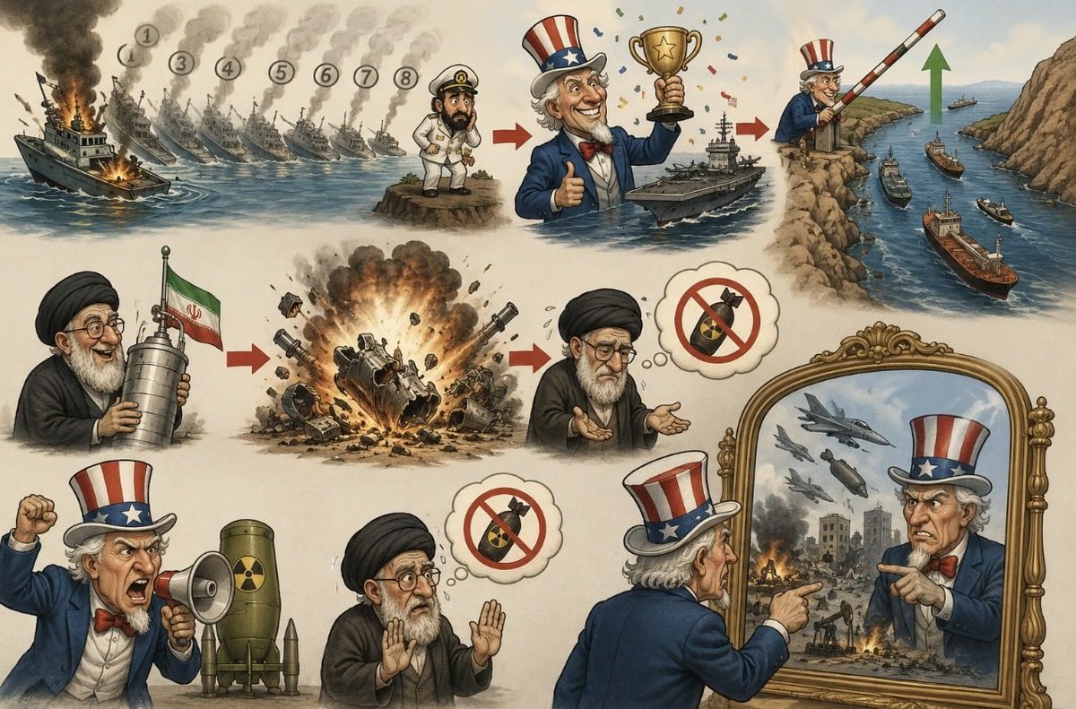 aeberman12's tweet photo. Iran’s navy has been destroyed for the 8th time, 

The U.S. has won the not-war for the 7th time, 

It now must reopen a Strait that was never closed to stop a bomb that was never being built.

Makes perfect sense.

#Hormuz #Iran #Geopolitics https://t.co/Mw4dsiP6MA