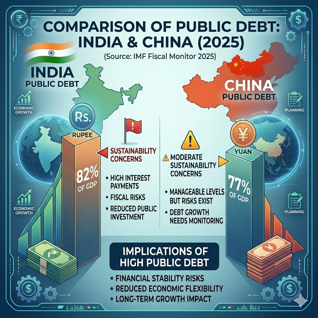 Stats1947's tweet photo. India’s public debt is 82% of GDP, compared to China’s 77%. High debt raises sustainability concerns.  
(Source: IMF Fiscal Monitor 2025)
#India #Publicdept #IMFFiscalMonitor #FiscalPolicy #EconomicGrowth #DebtSustainability #GDP https://t.co/TL0kRP20iG