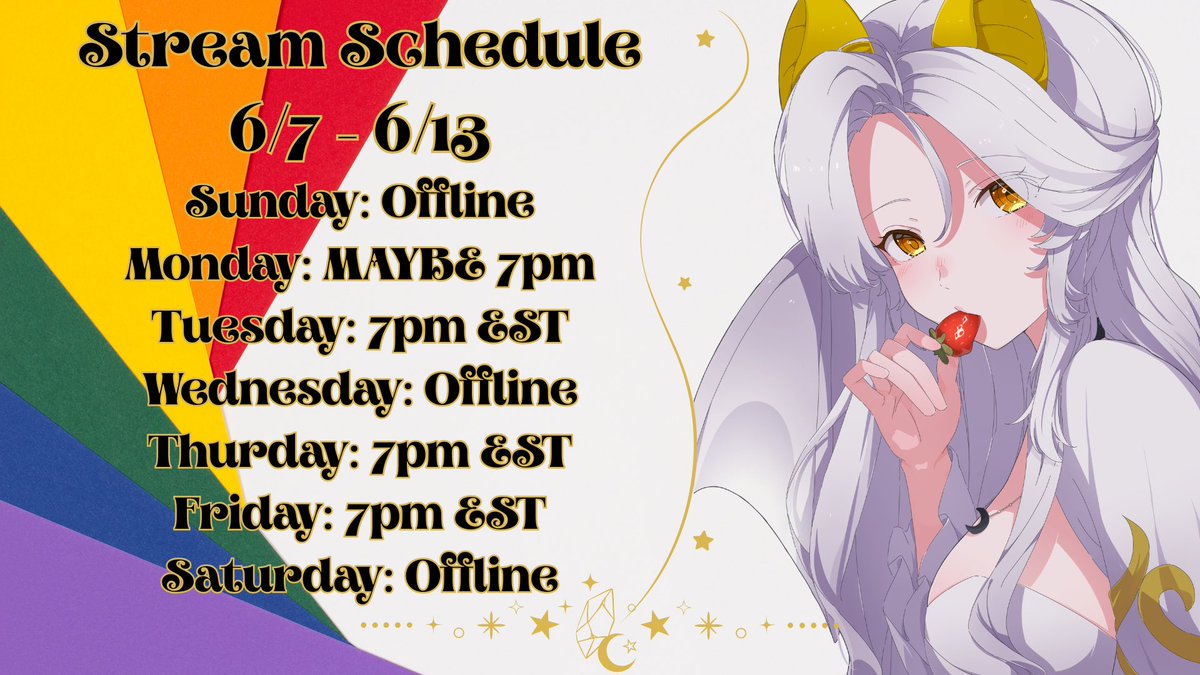 ReynaNovaVT's tweet photo. Happy Pride Month! 🏳️‍🌈

I hope everyone is having an amazing start to June! Here is the schedule for my return! I cannot wait to talk to you all soon 🤍🦇✨ https://t.co/A6VGz7krzp