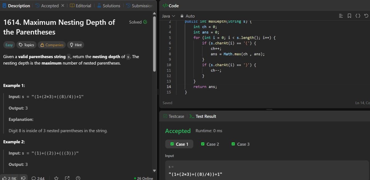 Manyaghand's tweet photo. #Day99 of my second #100DaysOfCode

Solved two problems today as I continue working through string patterns.

DSA
• Solved Maximum Nesting Depth of the Parentheses (LeetCode #1614)
– Optimal: single traversal with a counter → O(n) time, O(1) space https://t.co/IaaxQPasqs