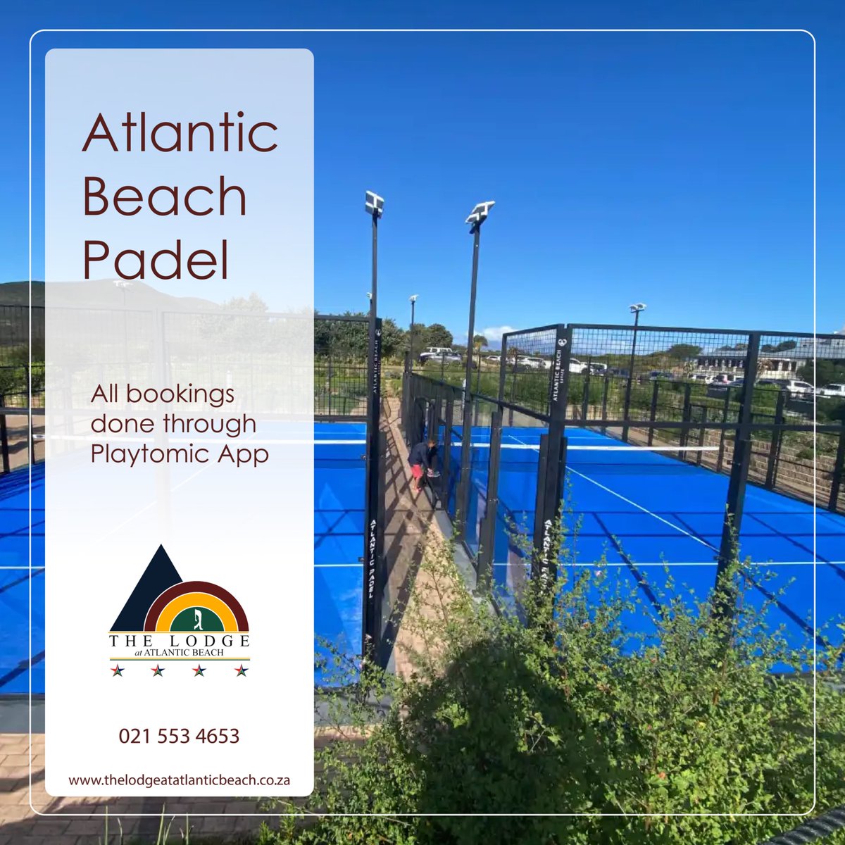 AtlanticBeachL's tweet photo. Looking for the perfect activity to add to your stay at The Lodge at Atlantic Beach? ๐พ Book your court via the Playtomic app and get ready to serve up some fun. #TheLodgeAtAtlanticBeach #Padel #PadelLife #CapeTown #Melkbosstrand #VisitCapeTown #SouthAfrica #GetActive https://t.co/7agJDGGJmE