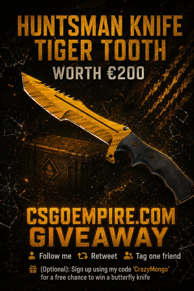 Crazy_Mongo's tweet photo. 🏆 HUNTSMAN KNIFE TIGER TOOTH GIVEAWAY! 🏆
💰 $200
✅ TAG ONE FRIEND
✅ FOLLOW ME
✅ RETWEET POST
✳️ (OPTIONAL FOR EXTRA ENTRY) GET A FREE CHANCE FOR A FREE BUTTERFLY KNIFE! USE LINK: https://t.co/mwIuqfmkWO

⌛️ GIVEAWAY ENDS IN 7 DAYS ⏳ https://t.co/W7dGsY2E90