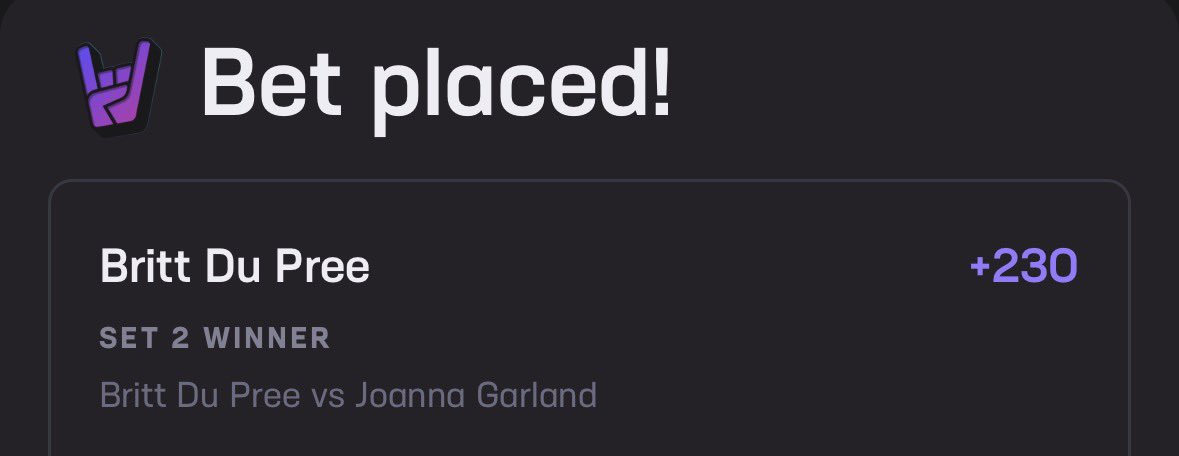mronepick's tweet photo. Britt Du Pree
SET 2 WINNER +230 over Joanna Garland https://t.co/cN3XTkHvEd