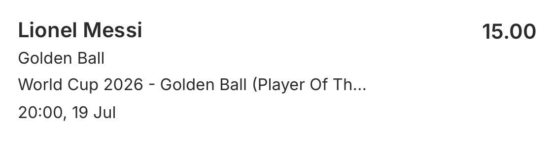 Chaz_Cards's tweet photo. THE GOAT 🐐🇦🇷

Messi Golden Ball @ 15 (Ladbrokes) 👑⚽️
0.25U

Main man for Argentina who I think will make it to the final. 🏆

L32 in Miami? 🤷‍♂️

Stats in the other locations of his potential route to the final:

Kansas: 2G, 1A (2)
Dallas: 2G (2)
Atlanta: 1G (3)
NY: 6G, 2A (5) https://t.co/nOwC1xIBW9