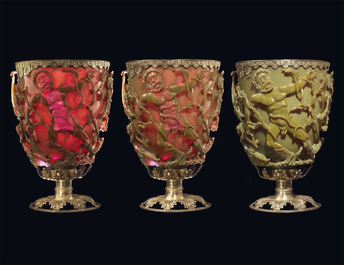 CCitrine_'s tweet photo. “The Lycurgus Cup is a late Roman drinking vessel, made in Alexandria or Rome between 290 and 325 AD… Carved into it is the death of Lycurgus, the mythical king who raged against Dionysus and his followers; the god’s vengeance shows him being strangled and dragged down by vines, the nymph Ambrosia having transformed into the very plant that ensnares him. Dionysus, Pan, and a satyr surround the scene in triumph.”