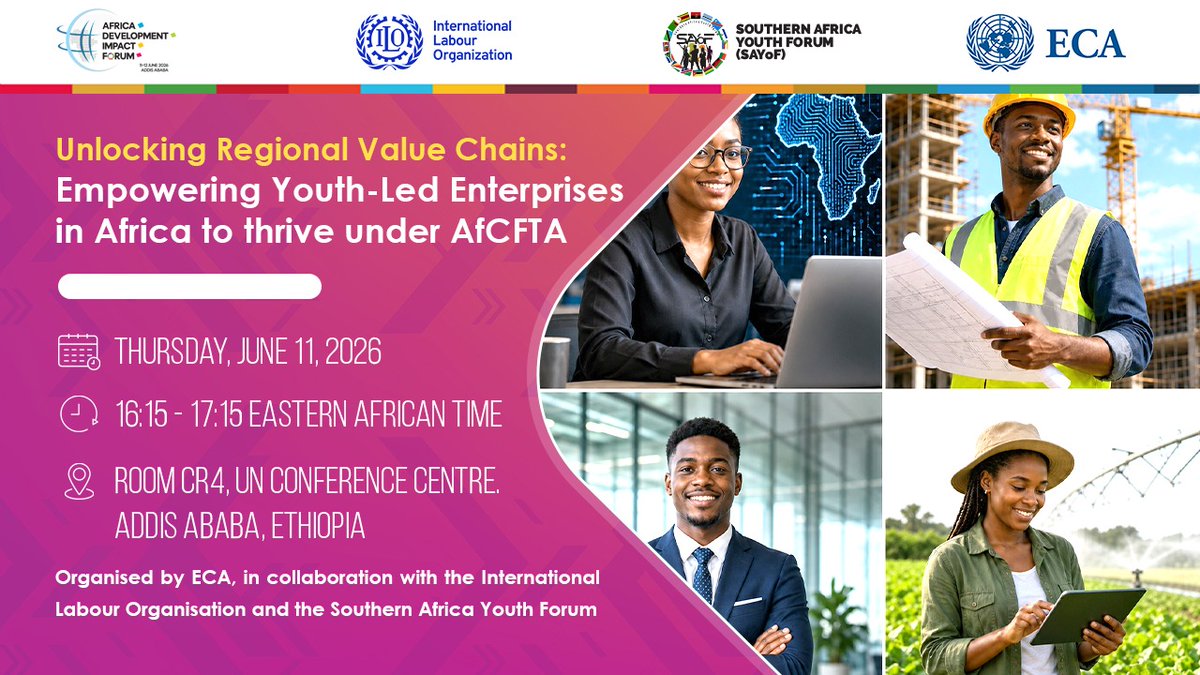 SAYoF_Official's tweet photo. We are proud to co-host  with #ECA #ILO  🌍 Unlocking Regional Value Chains: Empowering Youth-Led Enterprises under #AfCFTA📅 11 June 2026 | ⏰ 16:15–18:15 EAT📍 CR4, UNCC, Addis Ababa Organized by ECA , @ECA_OFFICIAL @ILO @SAYoF_Official #Addis https://t.co/WByXPP0I8A
