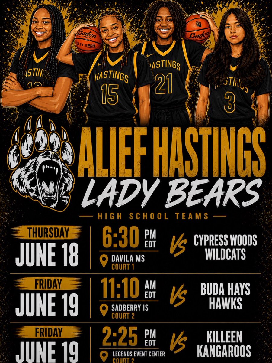 ladybearsbb's tweet photo. The Lady Bears are ready to compete.

📅 June 18-19
🏀 Cypress Woods
🏀 Buda Hays
🏀 Killeen

Another opportunity to get better.
Another chance to represent Hastings.

RUN IT.

#LadyBearsBasketball #RunIt #BuiltDifferent #BearNation #TABCShowcase https://t.co/PPq1Jkp2PV