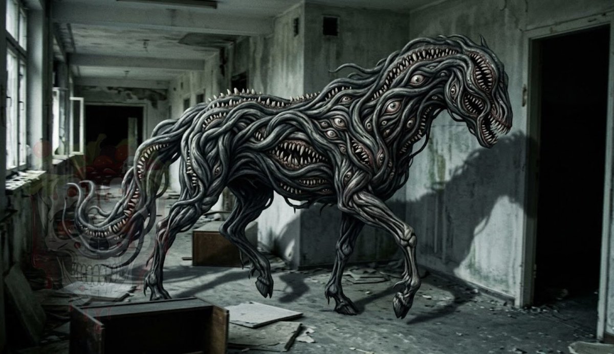 FruitSalad_bri's tweet photo. #ai #aihorror #horror #creepy #unsettling #creature #monster #eldritch #equine #scarysaladnetwork https://t.co/D0bqvjcvI2
