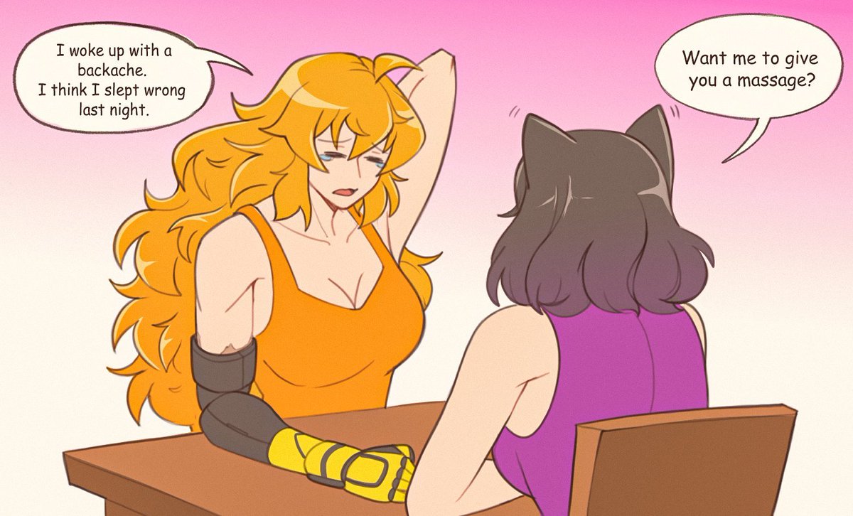 yellow_nicky's tweet photo. Back pain 🐝
#RWBY #Bumbleby

Still on e of my favorites🤭 https://t.co/jLNiKhfrgj