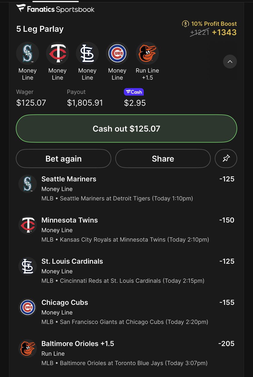 OffTheGridNYC's tweet photo. MIDDAY LOTTO 🎟️☀️ ( GAMBLE RESPONSIBLY ) …Super risky …. 💯

Mariners ML ⚾️
Twins ML ⚾️
Orioles +1.5 ⚾️
Cubs ML ⚾️
Cards ML ⚾️

💰 $125 ➡️ $1,805

Nothing crazy… just a little lunchtime lottery ticket. 🍀🫣💸

#MLB #Parlay #Gambling𝕏 https://t.co/P41lcLyTgV