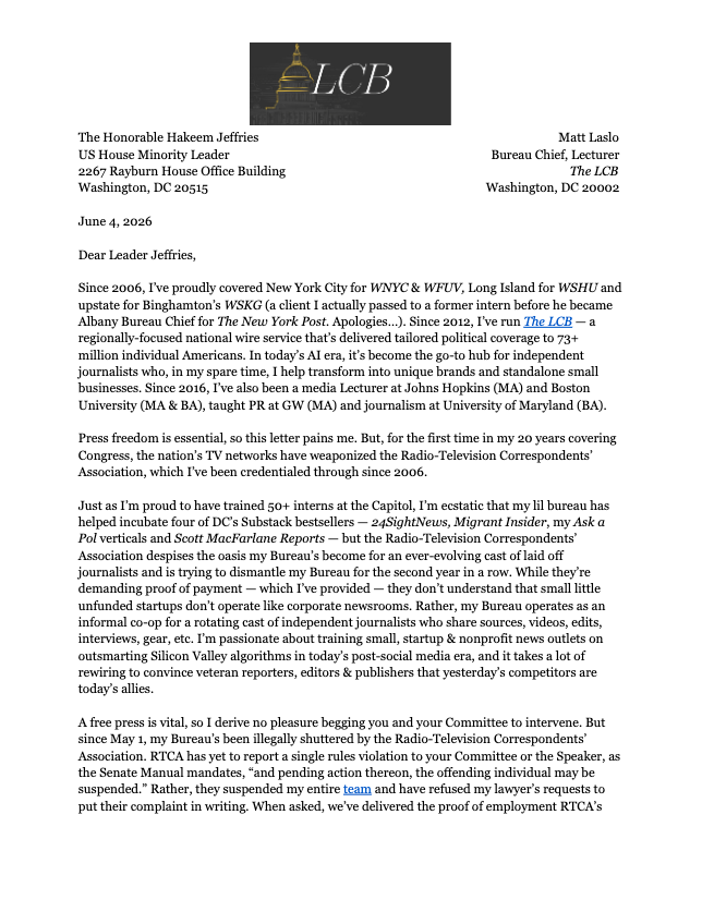 MattLaslo's tweet photo. "Dear Leader @hakeemjeffries,

Since 2006, I’ve proudly covered New York City for WNYC & WFUV, Long Island for WSHU and upstate for Binghamton’s WSKG (a client I actually passed to a former intern before he became Albany Bureau Chief for The New York Post. Apologies…). 

Since 2012, I’ve run The LCB — a regionally-focused national wire service that’s delivered tailored political coverage to 73+ million individual Americans. In today’s AI era, it’s become the go-to hub for independent journalists who, in my spare time, I help transform into unique brands and standalone small businesses..." https://t.co/tpG0CBID9G