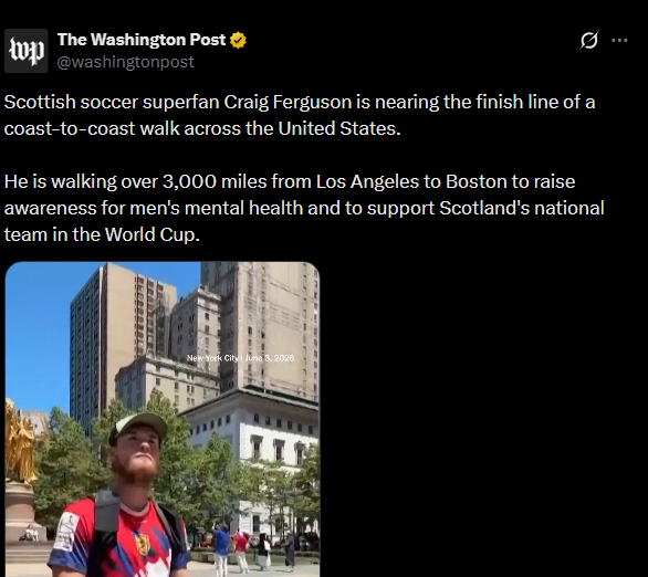 SergenDev's tweet photo. Okay this story is INSANE.

Soccer superfan Craig Ferguson just run 3,000 miles from Los Angeles to bosten to raise awareness for mental health and support the Scottish team at the world cup.

Its charity + worldcup + runner.

Doesn't get better than this

https://t.co/QpXXWEzL3w https://t.co/grcVcmOEtk