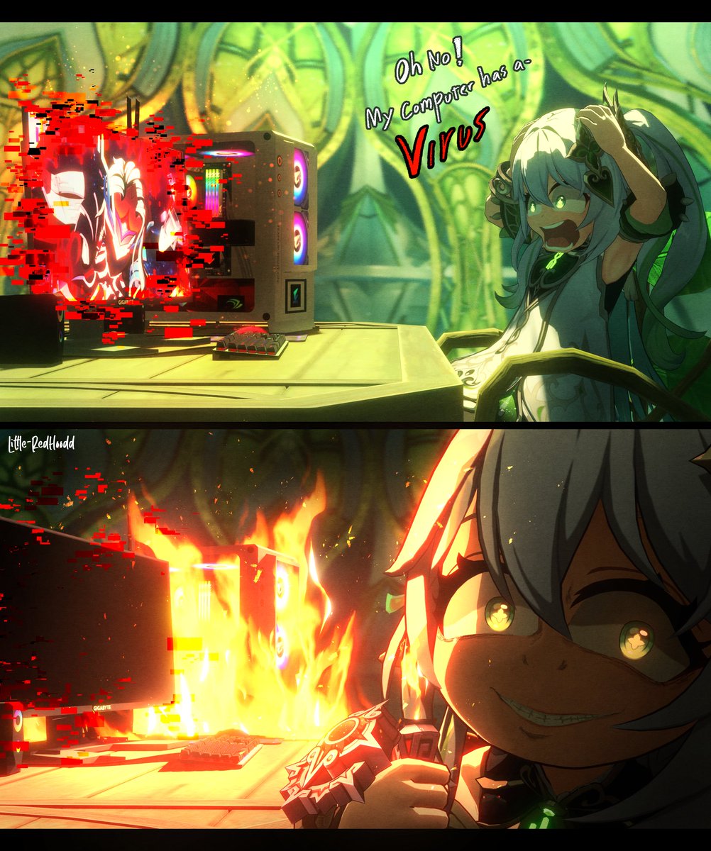 LittleRedhoodd's tweet photo. When your computer gets a virus, just burn the whole thing. That way, it can never get a virus again.🔥🔥🔥

#GenshinImpact #Genshin #Genshin_Impact https://t.co/zt2dg9OWoA