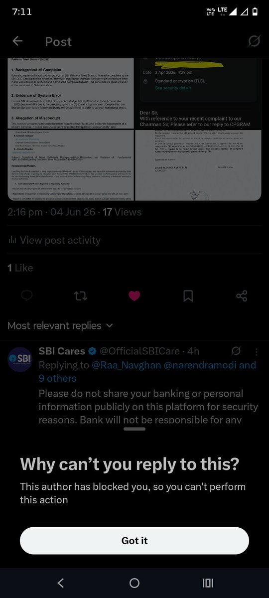 Raa_Navghan's tweet photo. @rashtrapatibhvn Blocking is not the solution @TheOfficialSBI @RBI @PMOIndia @DFS_India instead ofreviewing the evidencesubmitted,thebank has blocked meto evade answering for their systm errors.True accountability #Justice is needed.
#CustomerServiceFailure 
#RBIOmbudsman 
https://t.co/HTwQq8H6dt https://t.co/RwlJY1ZtC5