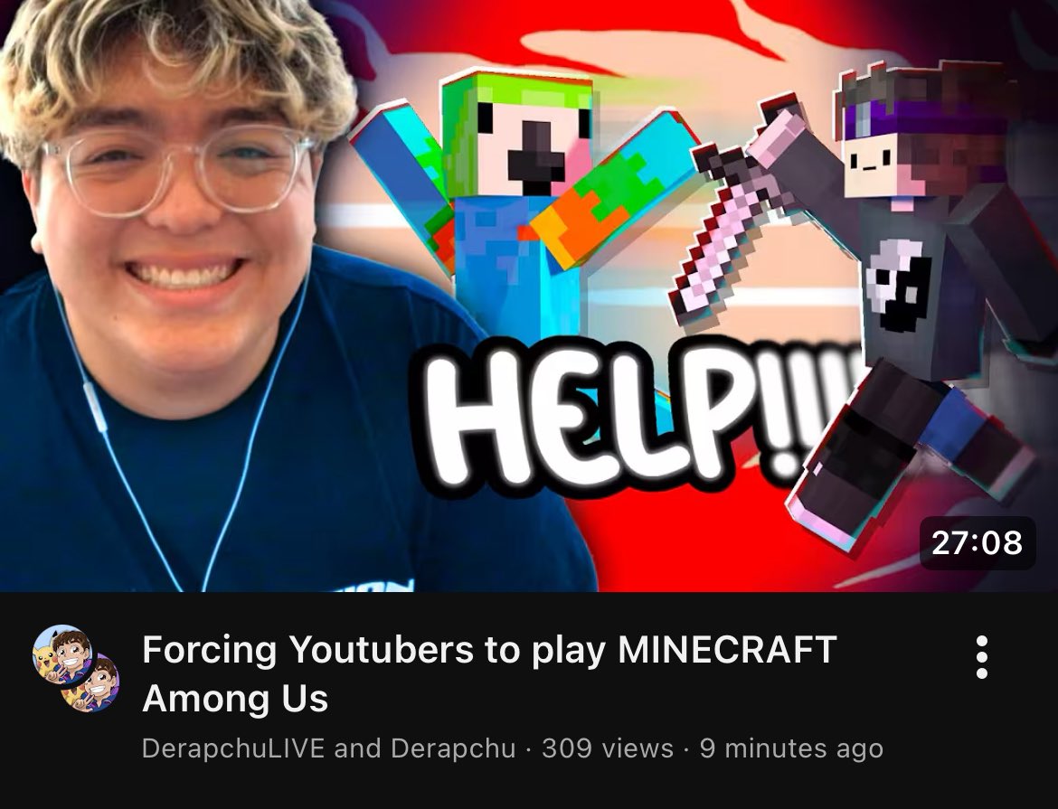 derapupdates's tweet photo. 🔔 | a... derapchu upload...? in this day and age...? 

MINECRAFT AMONG US: THE VIDEO IS FINALLY OUT. SIX MONTHS LATE 😭🙏 https://t.co/rBTPYihNGK