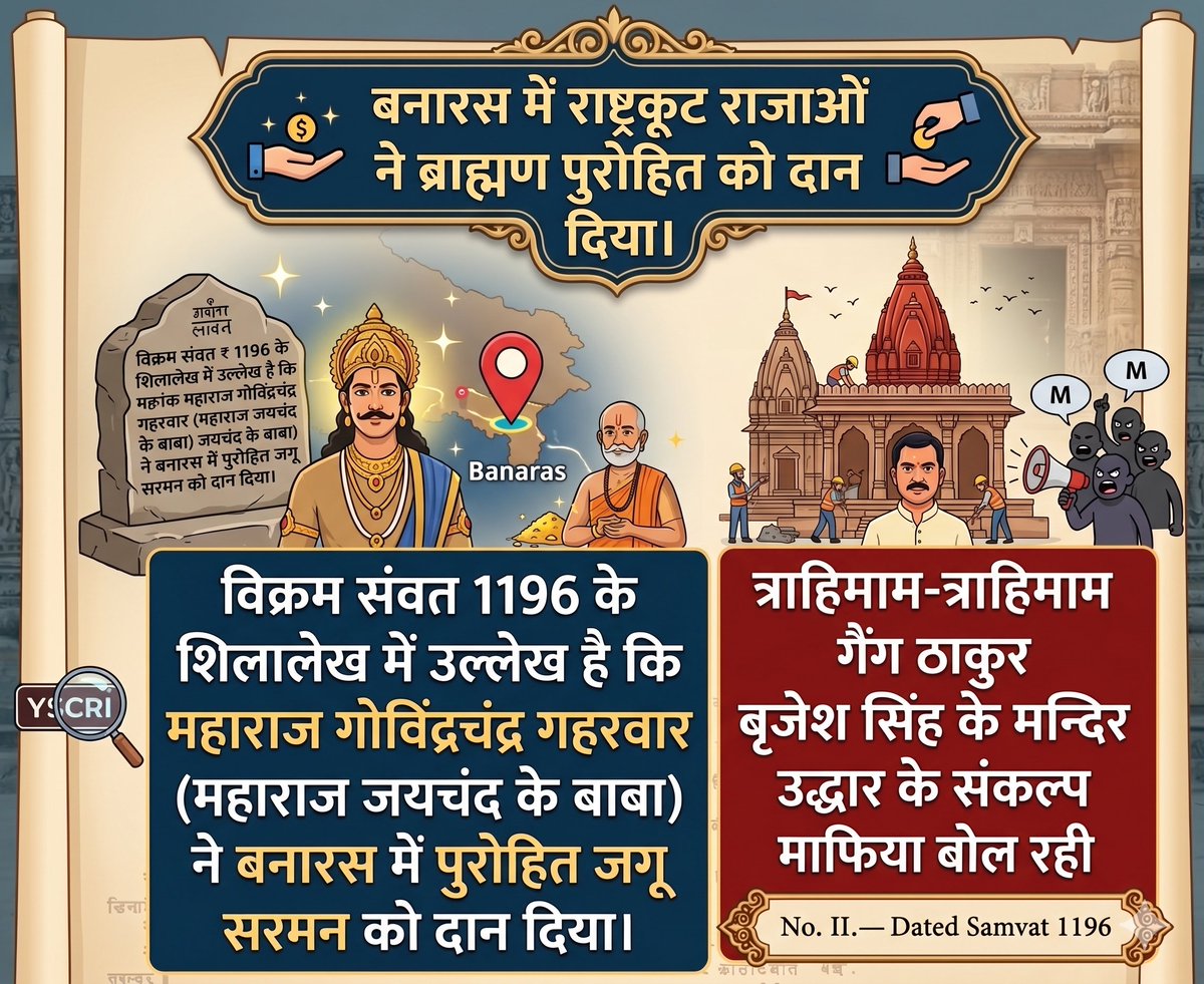 officeofapsgaur's tweet photo. ASI की  EPIGRAPHIA INDICA , VOL- 2 में विक्रम संवत 1196 के शिलालेख में उल्लेख है कि महाराज गोविंद्रचंद्र गहरवार (महाराज जयचंद के बाबा) ने बनारस में पुरोहित जगू सरमन को दान दिया।
त्राहिमाम-त्राहिमाम गैंग ठाकुर बृजेश सिंह के मन्दिर उद्धार के संकल्प पर उन्हें माफिया बोल रही है। https://t.co/Mp2sSn4mDV