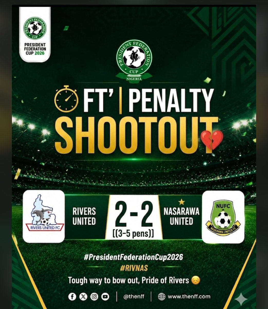 RiversUnitedFC's tweet photo. FT’ | PENALTY SHOOTOUT 💔

Rivers United 2–2 Nasarawa United (3–5 pens)

Tough way to bow out, Pride of Rivers 😔

#PresidentFederationCup2026 https://t.co/eMc81dyVSb