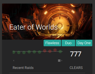 ulmtra_'s tweet photo. hi @DestinyTheGame and @A_dmg04 

is there any possible way that normal and prestige runs can be put together on the same emblem tracker?  i've always wanted my eater of worlds clears to be at 777, just like my raid report 

pretty please 🥹 https://t.co/1xqNfsJNVf