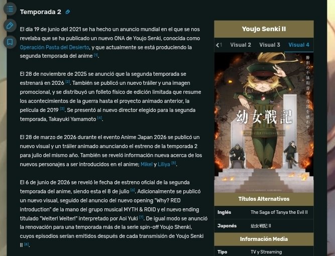 LeutnantJager's tweet photo. He actualizado la información de la temporada 2 de Youjo Senki en la wiki.

Incluye un resumen detallado de cada anuncio importante relacionado a la nueva temporada que he documentado desde su primer anuncio en 2021. Espero que sea útil para ustedes 🫡 https://t.co/xYk9cpVSxm