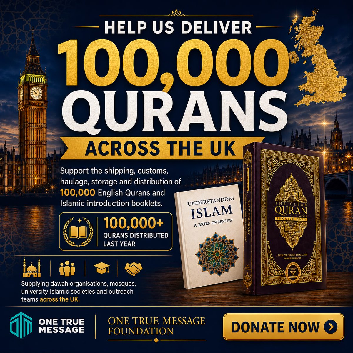 OTM_Foundation's tweet photo. 📖 Help Us Deliver 100,000 Qurans Across the UK! 🇬🇧

Assalamu alaykum wa rahmatullahi wa barakatuh

By the permission of Allah, One True Message Foundation has become one of the main providers of English Qurans to dawah organisations, mosques and outreach teams across the UK. /1 https://t.co/pYOfeerC1A