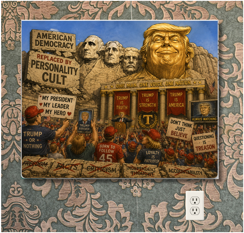 Eva_eva_P's tweet photo. To #MAGA, the Mount Rushmore video isn't embarrassing. It's aspirational. They don't see a man with a malignant narcissism disorder inserting himself among the founders. They see their leader being finally recognized at the level he deserves.
☑️The grandiosity isn't a red flag to them. It's the point. That's the cult of personality dynamic.

Does it discredit America globally?
Catastrophically - and the data confirms it.
Trump polls worse than Putin in 82% of countries. Tourism collapsed. De-dollarization accelerating. 

American democracy has been replaced by personality cult. The contrast isn't subtle. It's the entire story of what's happening to American democracy - in one AI-generated video.