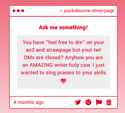 Pucksburrow's tweet photo. I AM SO SAD I MISSED THIS I have no idea why my DMs are saying they closed... hopefully its working now!

Nevertheless thank you so much for the amazing words. I am hoping to get back into writing for NU:C very soon! https://t.co/jSuuC1Hgpx
