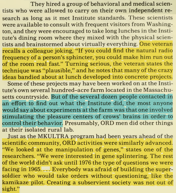 toxictiramisu's tweet photo. Dr. Aldrich's CIA team/ORD used brain implants to remotely control animals &amp; considered them viable for humans. They researched gene splintering, tested psychosurgery on prisoners to reduce memory recall w/ the goal of creating programmable supersoldiers &amp; a subservient society. https://t.co/3l4ABGsJYw