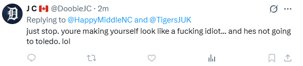 HappyMiddleNC's tweet photo. @DoobieJC @TigersJUK I love it when you refute someone with logic... they then curse you... call you an idiot and block you... instead of trying to refute the logic. https://t.co/MXsSy9jbCl