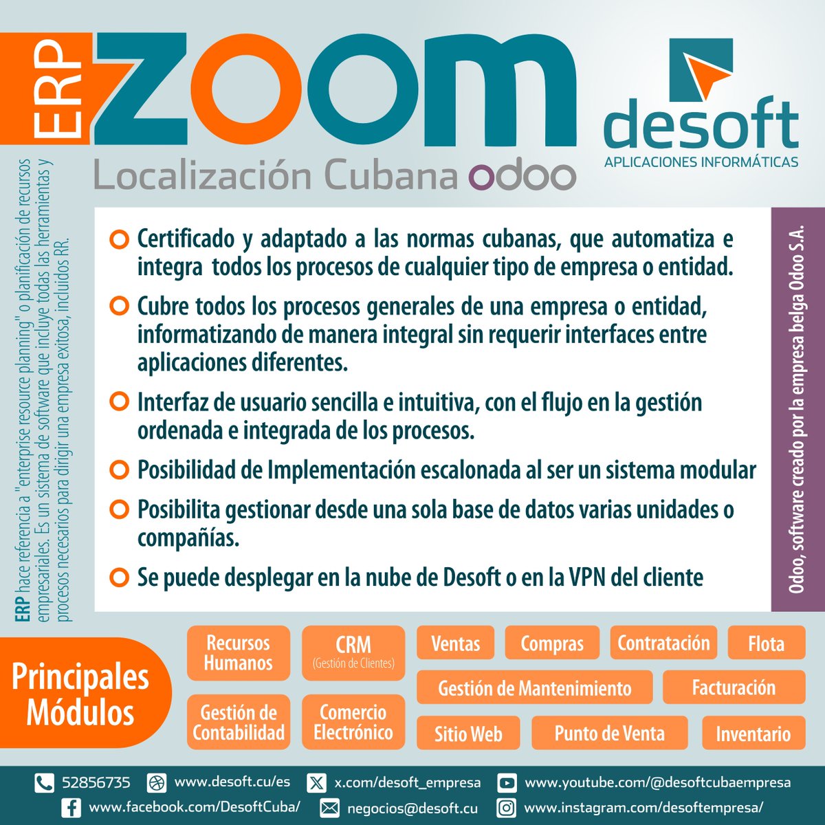 desoft_empresa's tweet photo. #Desoft le propone el ERP Zoom Localización cubana de #Odoo Es una completa suite de aplicaciones de gestión empresarial de código abierto, destinadas a cubrir todos los procesos de una entidad, independientemente del sector al que pertenezca. https://t.co/GgYoTzy1sh