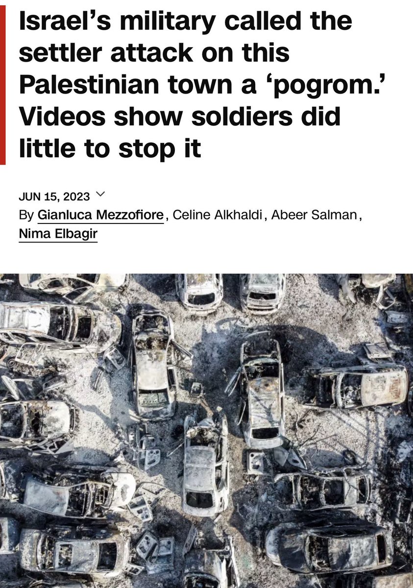 Villgecrazylady's tweet photo. In February 2023, 8 months before Oct 7, hundreds of Jewish settlers just like the ones below went on a rampage in this same town, burning cars, homes and businesses. 

The IDF did nothing to stop it.

Then after 10/7 every Zionist on the planet shouted in unison “There was a ceasefire on October 6! We were living peacefully and they attacked us for no reason!”

The lies never stop.