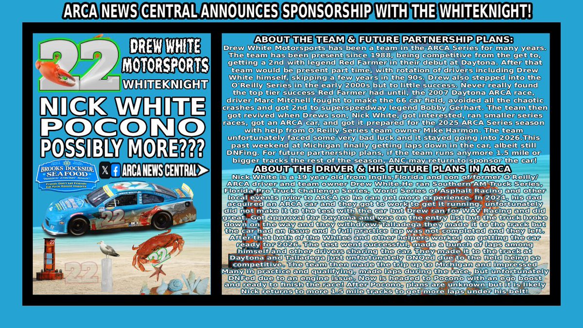 arcafan_news's tweet photo. Nothing Fishy Here!

ARCA News Central joins Drew White Motorsports to sponsor Nick White at Pocono and possibly more races!

Dont like it? You can eat my bass!

@PoconoRaceway https://t.co/sGxvmlGJdN
