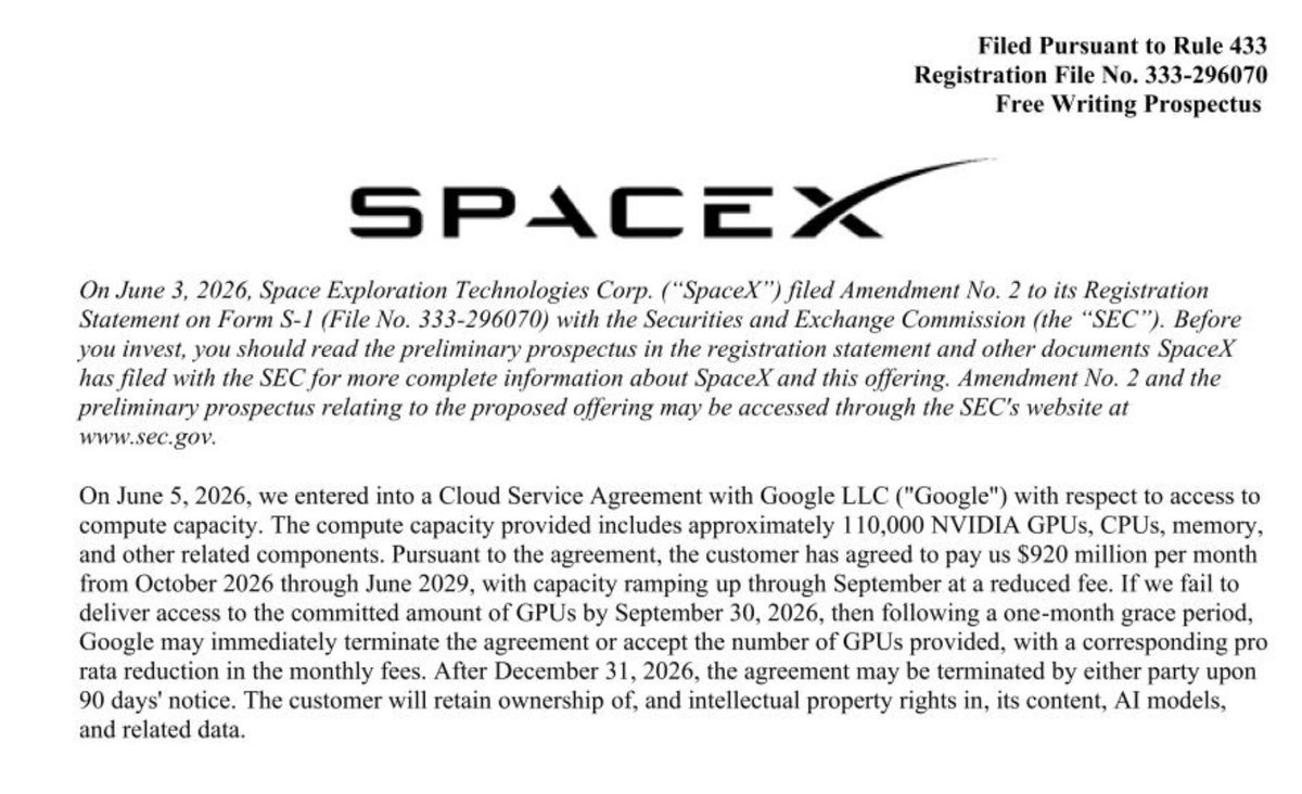 buent_jen's tweet photo. #SpaceX hat am 5. Juni 2026 einen Cloud-Service-Vertrag mit Google abgeschlossen. Google erhält Zugang zu ca. 110.000 NVIDIA-GPUs und zahlt dafür ab Oktober 2026 bis Juni 2029 920 Millionen US-Dollar pro Monat. https://t.co/73hJxvm4Zf