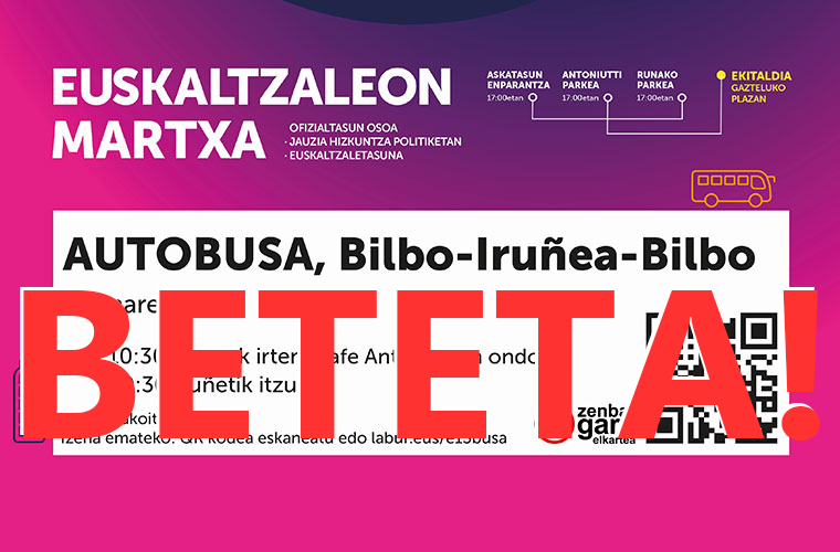 ZenbatGara's tweet photo. 🚌Bete egin zaigu datorren larunbaterako autobusa, ez dago toki gehiagorik!

👆EUSKALTZALEON MARTXA dugu zain, ekainaren 13an, 17:00etan IRUÑEAN. Euskaraz bizitzeko behar den dena #Jauzia #EuskaltzaleonMartxa @kontseilua https://t.co/fdNAV7UA19