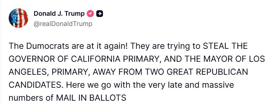 TomFitton's tweet photo. .@realDonaldTrump highlights how California election RUINED by late ballot counting, etc. https://t.co/lc50Tv9ugD