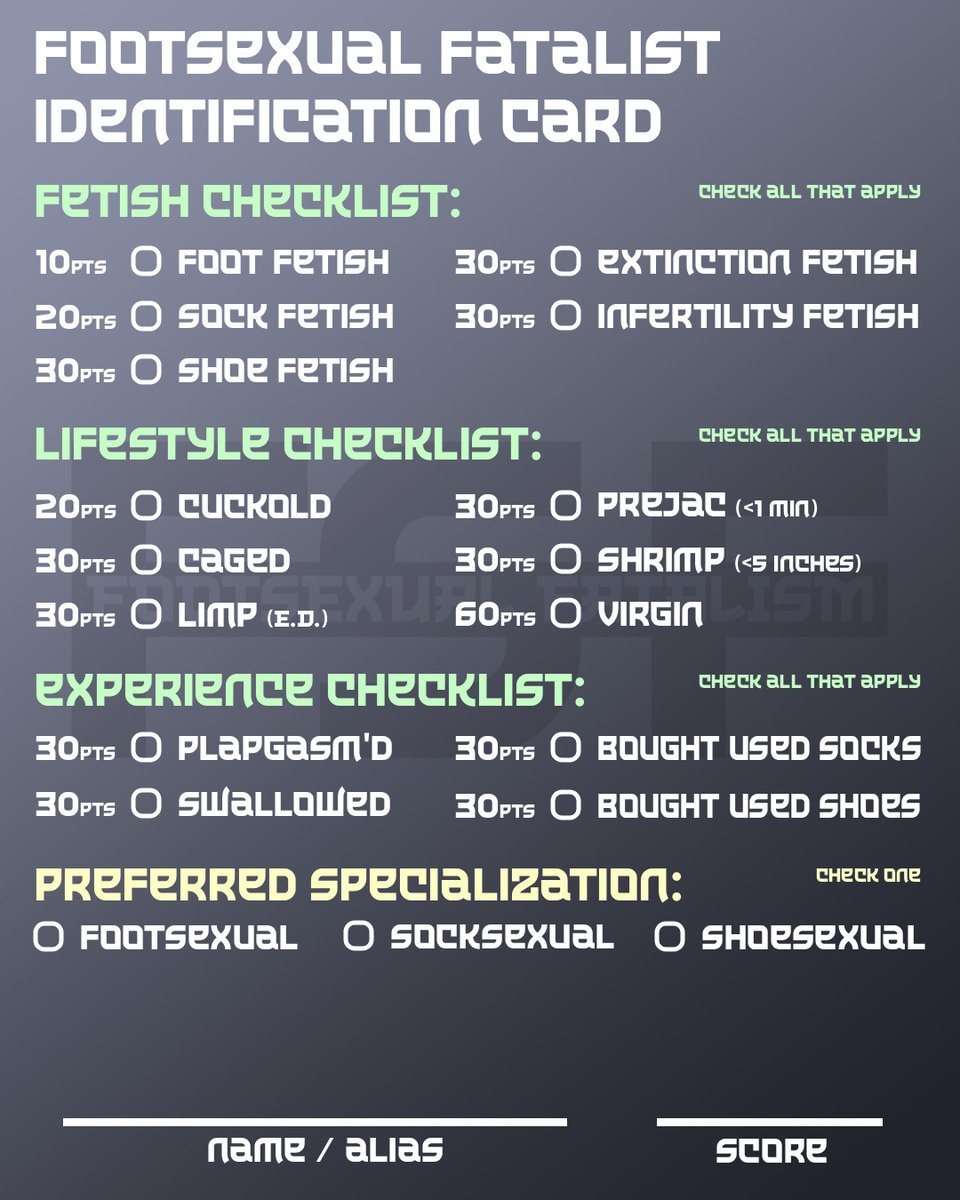 FootFatalism's tweet photo. It's important for footsexuals to track their progress and realize just how far they've come. How many points do you have? https://t.co/Bnx1cNfuEc