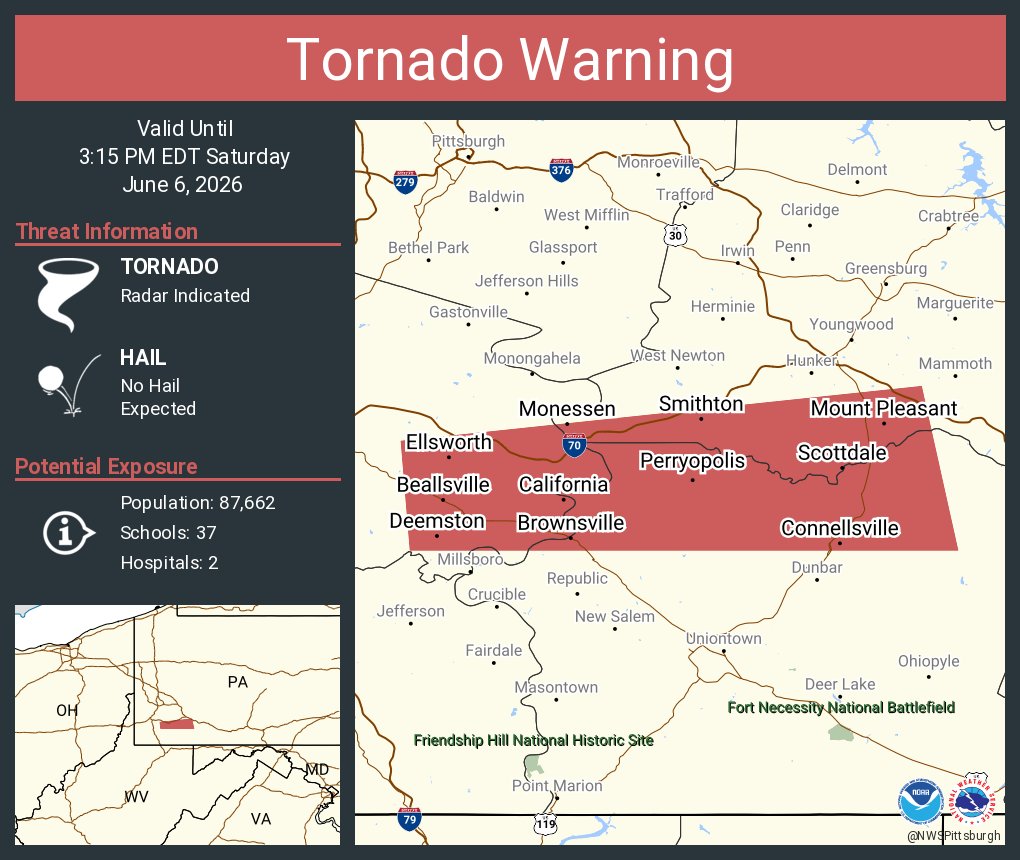 NWSPittsburgh's tweet photo. Tornado Warning including Monessen PA, Connellsville PA and  California PA until 3:15 PM EDT https://t.co/VcbU1D1bgq