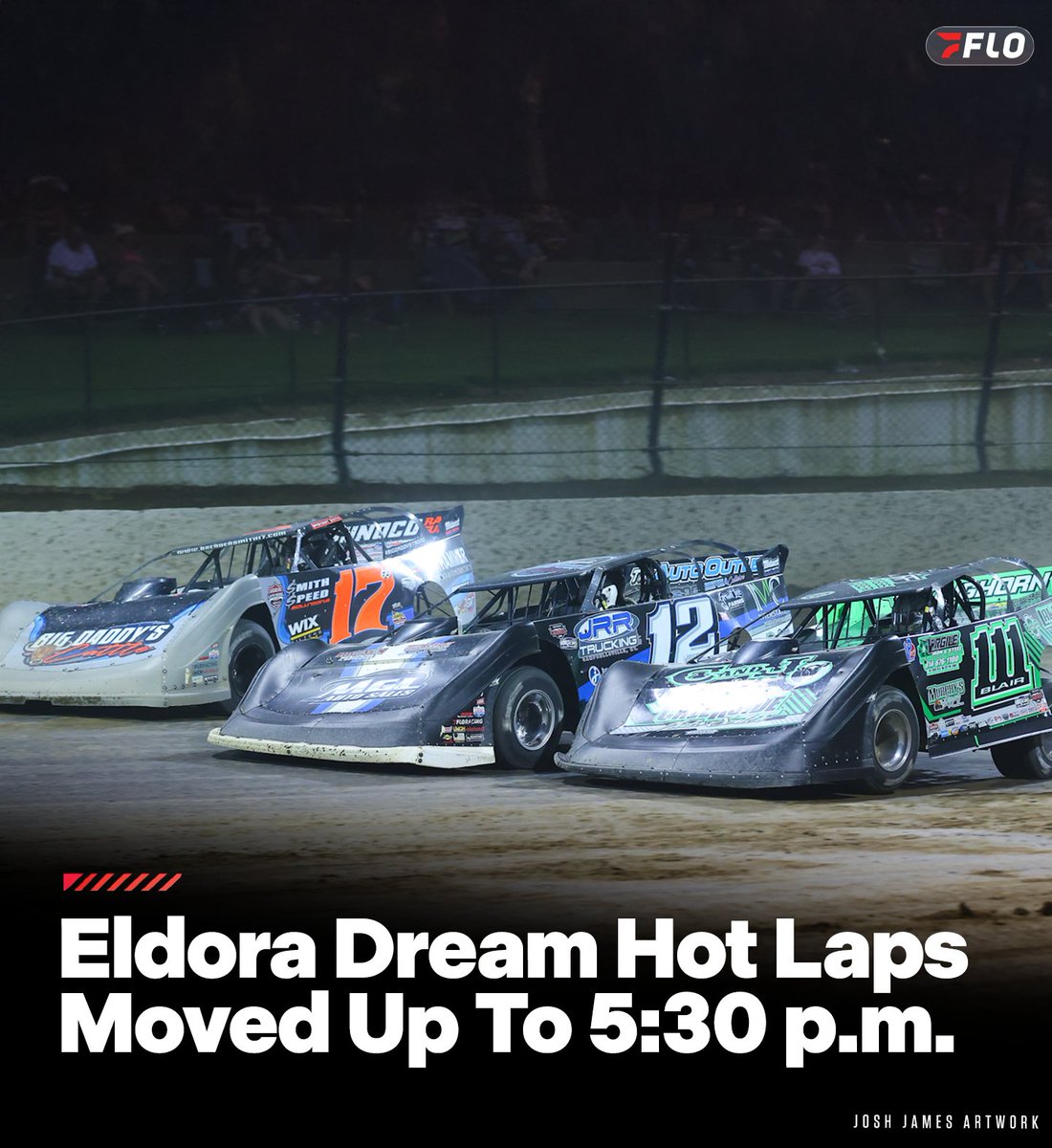FloRacing's tweet photo. 𝐔𝐏𝐃𝐀𝐓𝐄 🚨 #DLMDream hot laps at @EldoraSpeedway have been moved up to 5:30 p.m. ET. 

@RacecarEng Pre-Race Show will begin at 4:30 p.m. ET on FloRacing. https://t.co/6CI2OhgWr4