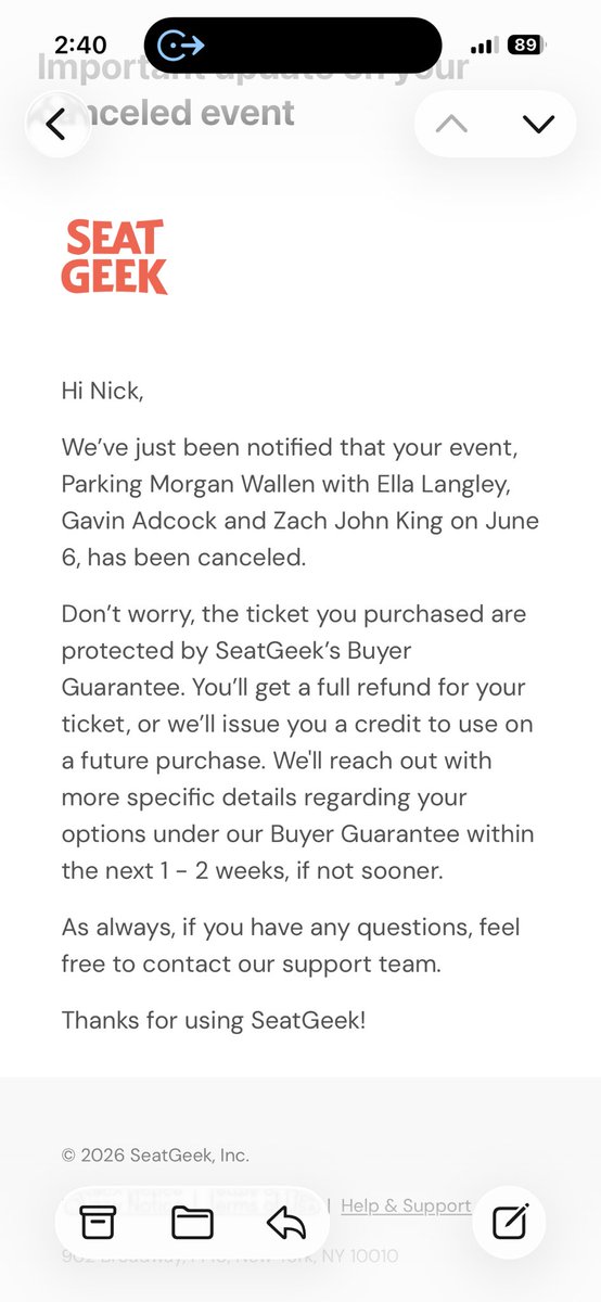 ToppysTalkShow's tweet photo. Oh come on!! My mom and I were literally half way there and I get this email. There goes her birthday gift🙄

@MorganWallen, when you hitting the Ohio/PA next?? https://t.co/gls1PNap3w