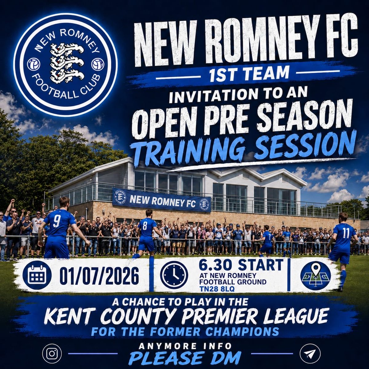 NewRomneyFC's tweet photo. Our first pre season training session is open to any players interested in joining the club. 6.30 start at Maude. Wednesday the 1st of July https://t.co/hnWWGJzIWx