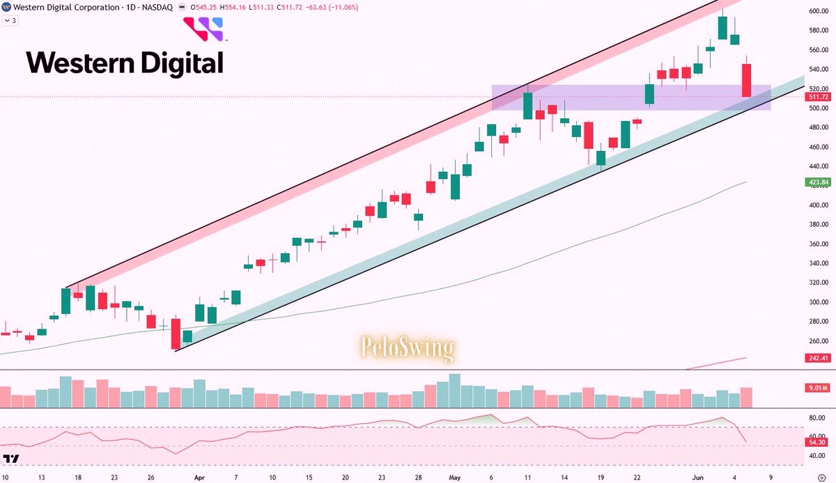 N_nicolasR's tweet photo. $WDC took a brutal -11% hit yesterday.. now it's hanging around a spot that catches my eye. 

That $500 level acted as resistance back in May, so a retest was due. If this support channel sticks, could be a solid opportunity here! 😋 https://t.co/nZPYXqok48