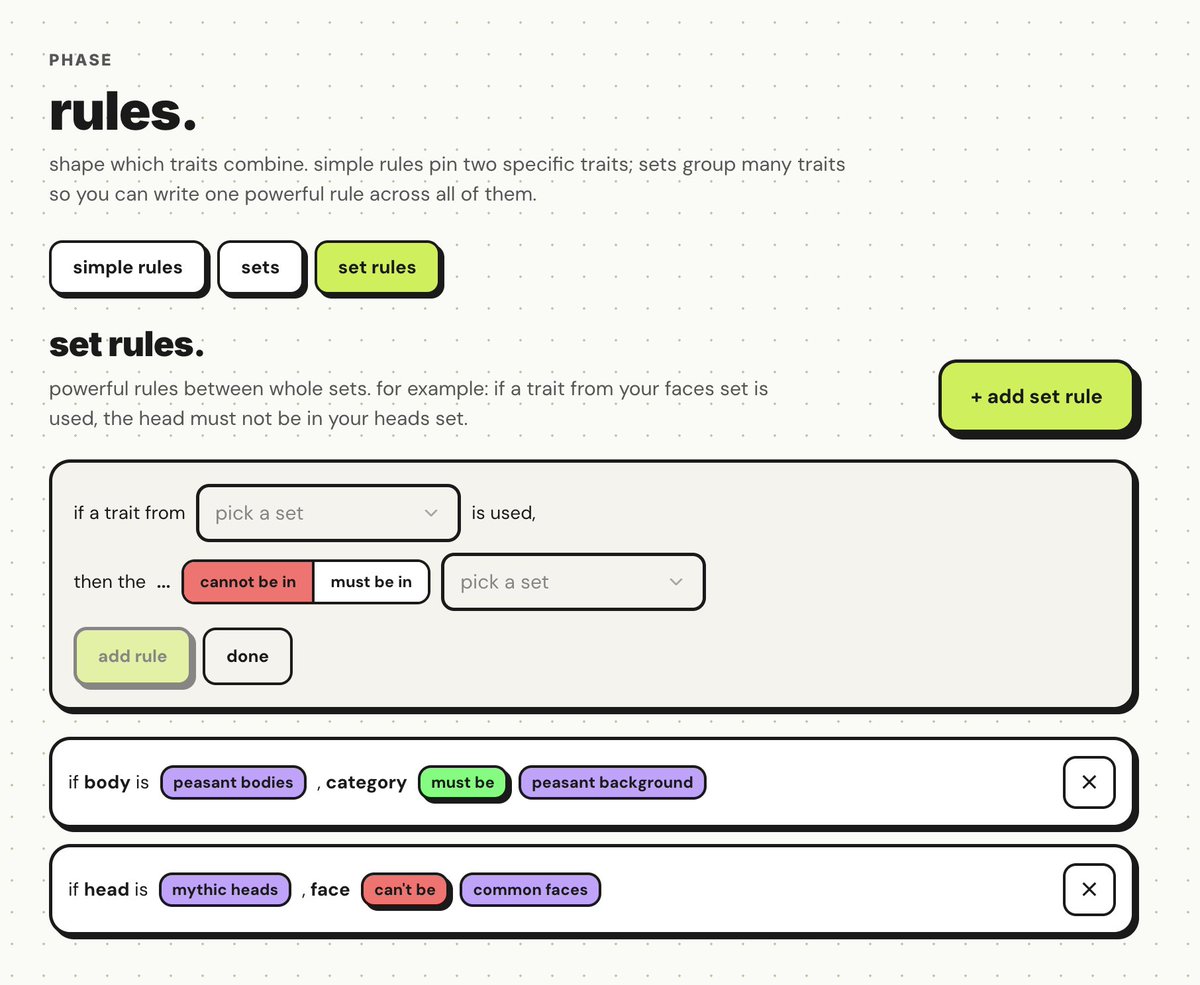 magicburp's tweet photo. update on the nft engine i'm building. 

you can now set the rules. which traits go together, which never do. one rule can cover a whole group of traits at once, so "if the face is one of these, the head can't be one of those" is a single click instead of four hundred.

this used to mean writing code. now it doesn't.

i truly believe this'll let a lot of creative people launch great collections, because it takes down the technical wall. you don't need a developer or any technical knowledge anymore. doing my best to make it something you can just pick up and use.

still building 🤙