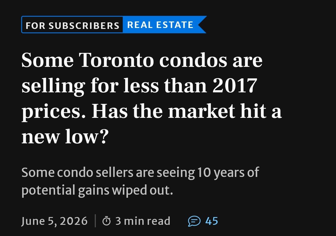 ShaziGoalie's tweet photo. Some Toronto condos are now selling for less than they did in 2017.

Nearly a decade of gains wiped out.

The biggest pain? Small 500–600 sq. ft. investor-style units that were once considered can't-miss investments.

Turns out location isn't everything. Layout, size and demand matter too.
