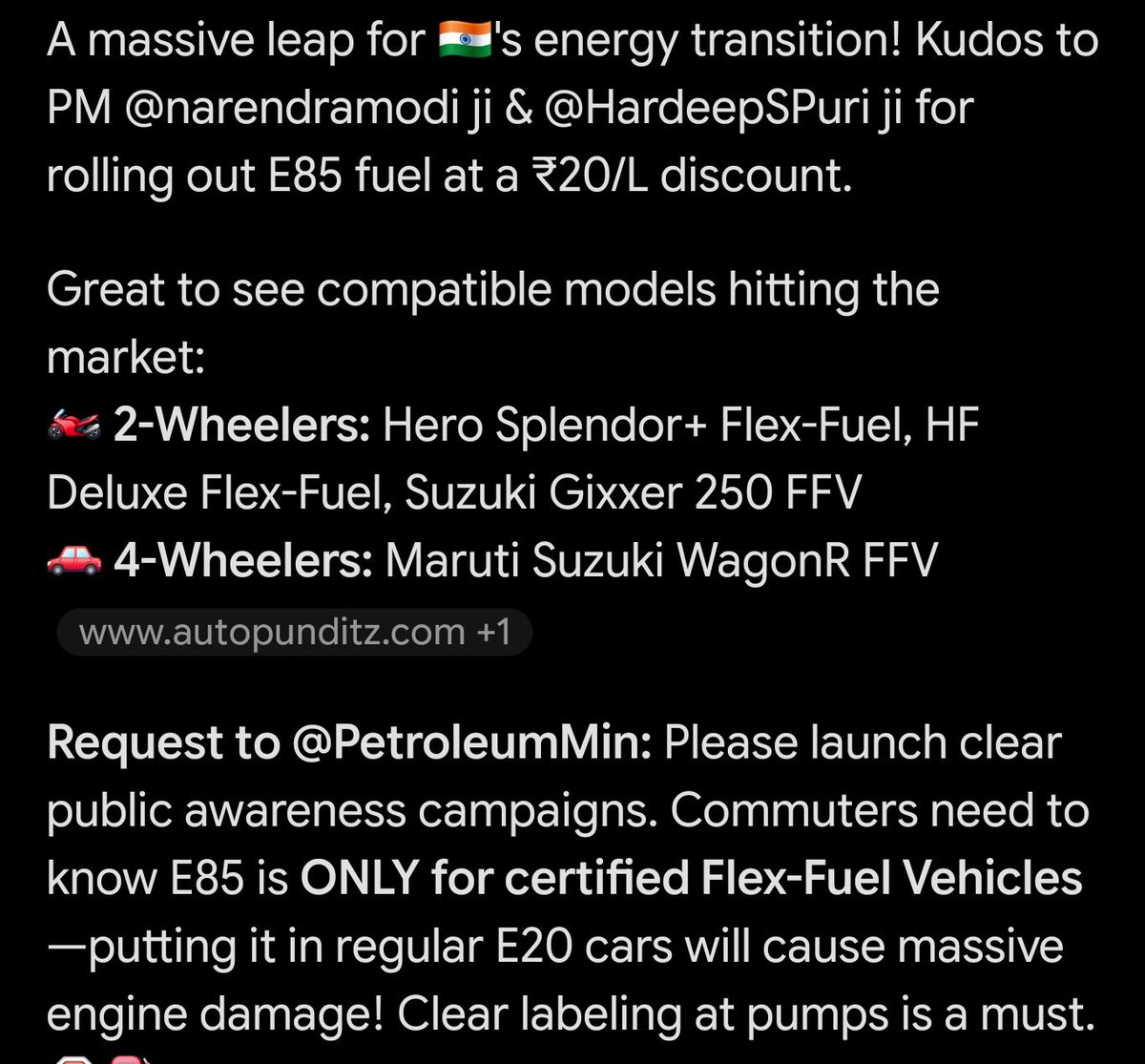 loveugod2018's tweet photo. Request to @PetroleumMin Please launch clear public awareness campaigns. Commuters need to
know E85 is ONLY for certified Flex-Fuel Vehicles-putting it in regular E20 cars will cause massive engine damage! Clear labeling at pumps is a must @narendramodi @Nitin Gadkari #FlexFuel https://t.co/yHToT8LXyG