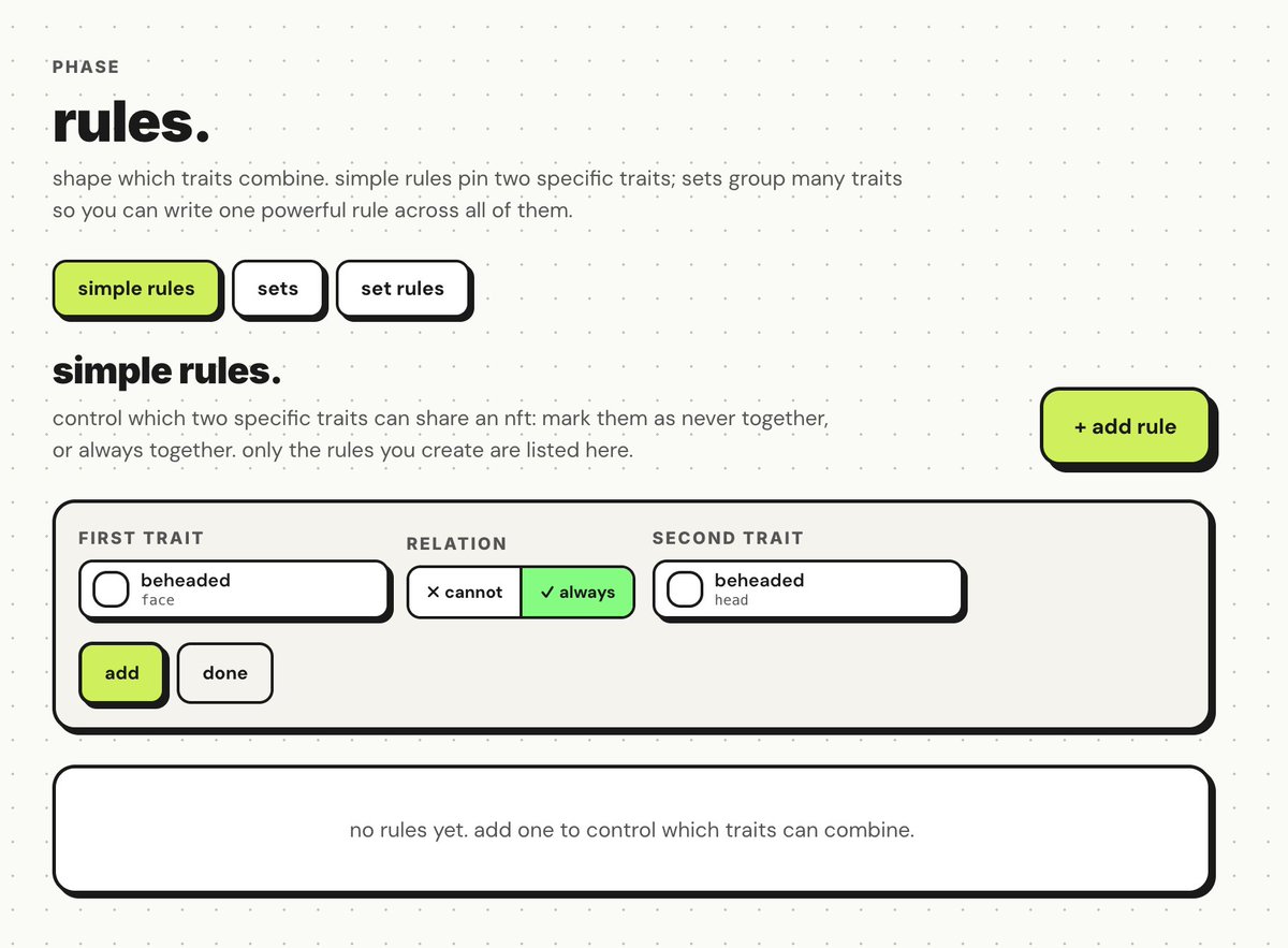 magicburp's tweet photo. update on the nft engine i'm building. 

you can now set the rules. which traits go together, which never do. one rule can cover a whole group of traits at once, so "if the face is one of these, the head can't be one of those" is a single click instead of four hundred.

this used to mean writing code. now it doesn't.

i truly believe this'll let a lot of creative people launch great collections, because it takes down the technical wall. you don't need a developer or any technical knowledge anymore. doing my best to make it something you can just pick up and use.

still building 🤙