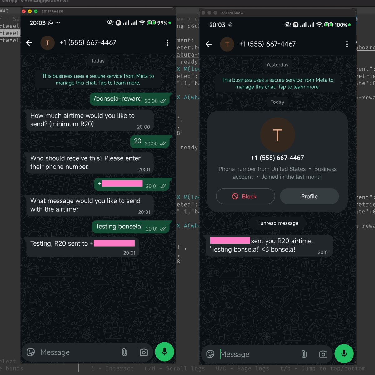 breakin_builds's tweet photo. bonsela day #2: backend sorted and WhatsApp integrated. Can now fire off a reward over WhatsApp and notify the recipient with the message.
Demo below: left = sender, right = recipient 👇
#BuildInPublic #IndieHackersCPT @Fliqdev https://t.co/fq34cQOUOJ