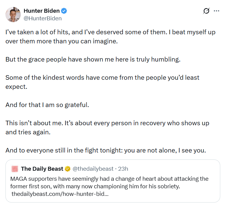 maddenifico's tweet photo. There's profound grace in owning your mistakes and taking responsibility. Well done, Hunter Biden. https://t.co/UeuXQDmgbV